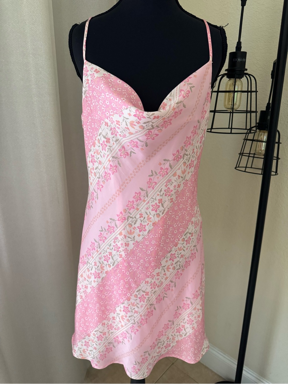 Altar’d State Pink Floral Satin Slip Mini Dress Cowl Neck Size Medium - Picture 2 of 8